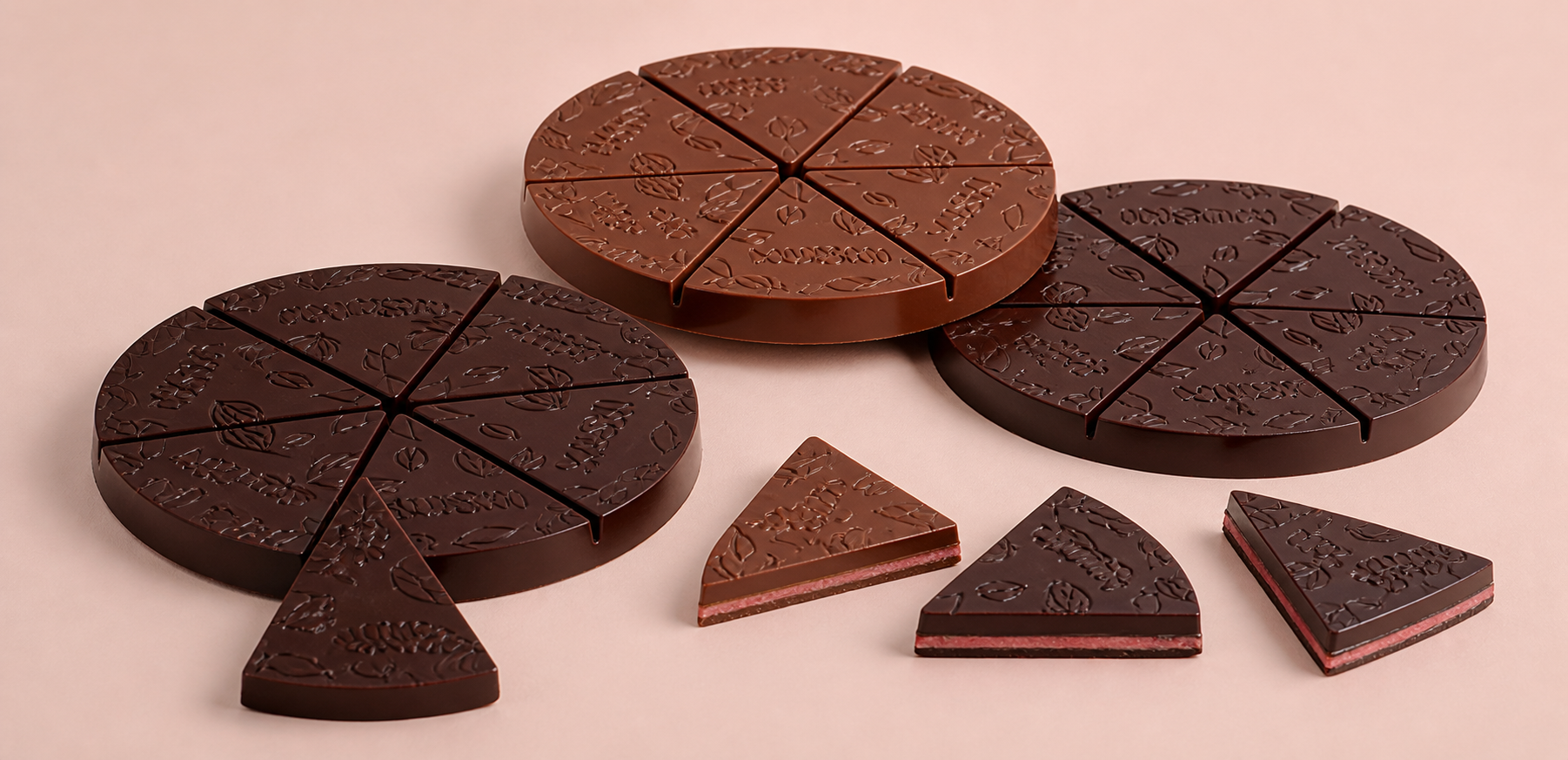 Mushi round chocolate tablets divided into triangular pie-shaped pieces