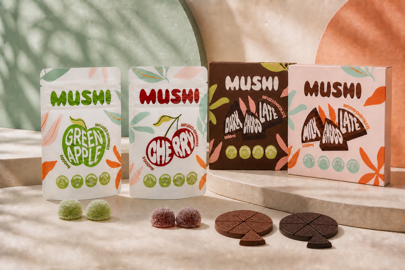 Green Apple and Cherry gummies with Mushi Dark and Milk Chocolate boxes and round six-piece chocolate tablets