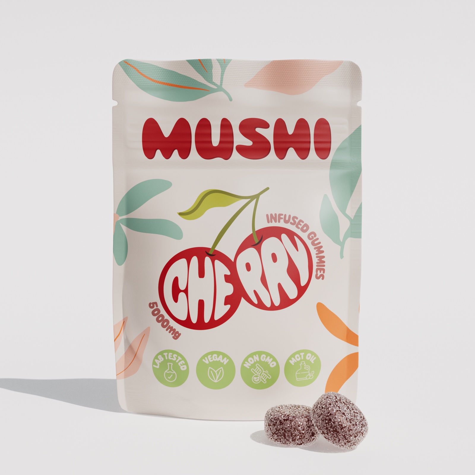 Cherry Mushi gummy pouch with gummies