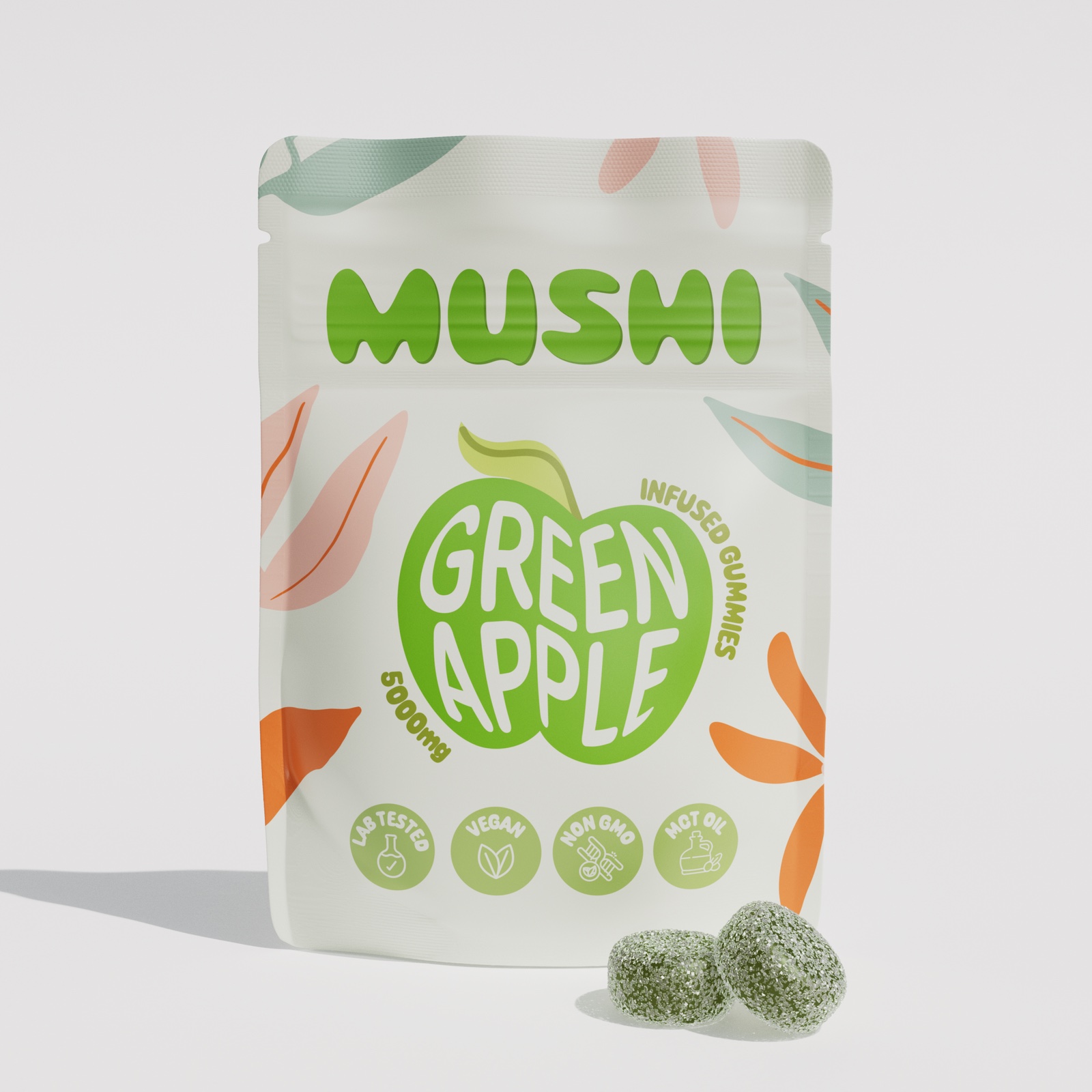 Green Apple Mushi gummy pouch with gummies